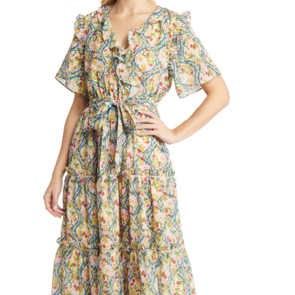 Rachel Parcell Floral Ruffle Chiffon Faux Wrap Midi Dress, sales video thumbna